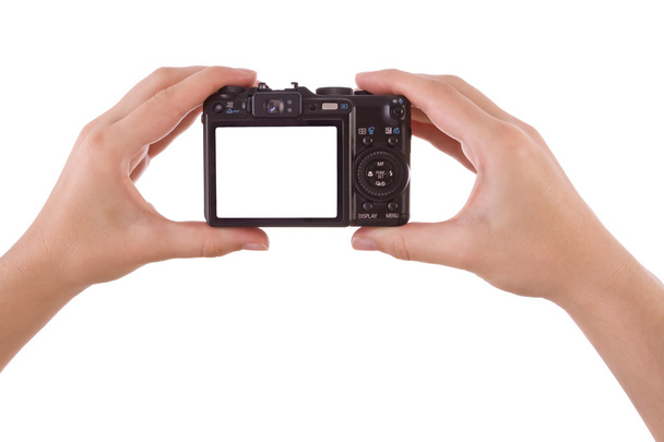 Handfotografie mit einer Digitalkamera isoliert auf Weiß - Foto, Bild