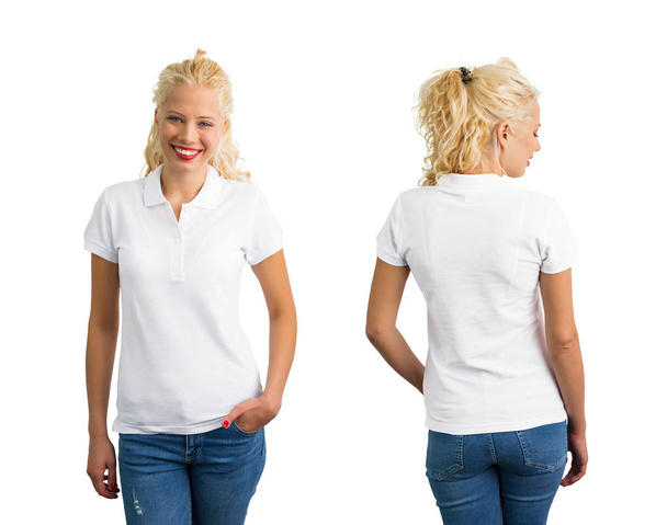Woman in white polo T-shirt - Photo, Image