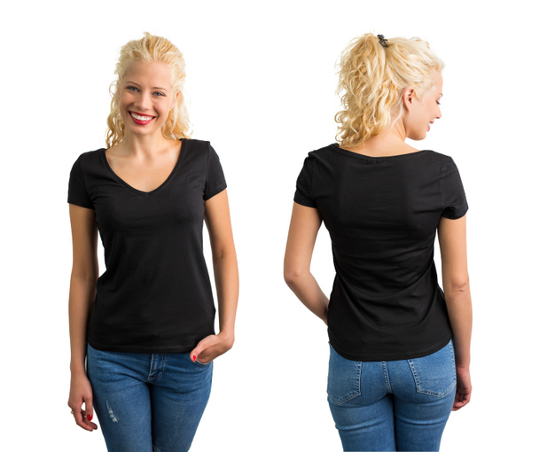 Mujer en camiseta negra con cuello en V
 - Foto, Imagen
