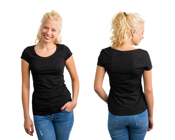 Γυναίκα στο μαύρο στρογγυλό λαιμό T-shirt - Φωτογραφία, εικόνα