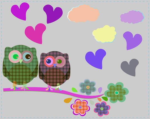 Two owls and love tree sitting on branch - Foto, imagen
