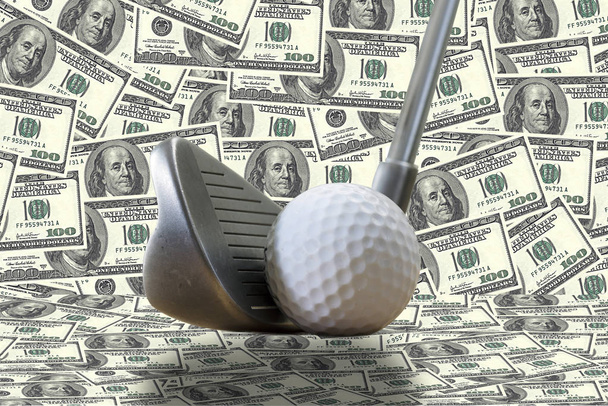 Golf ijzer, een golfbal en ons dollar - Foto, afbeelding