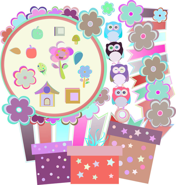 Background with owl, flowers, birds and gift boxes, - Photo, image