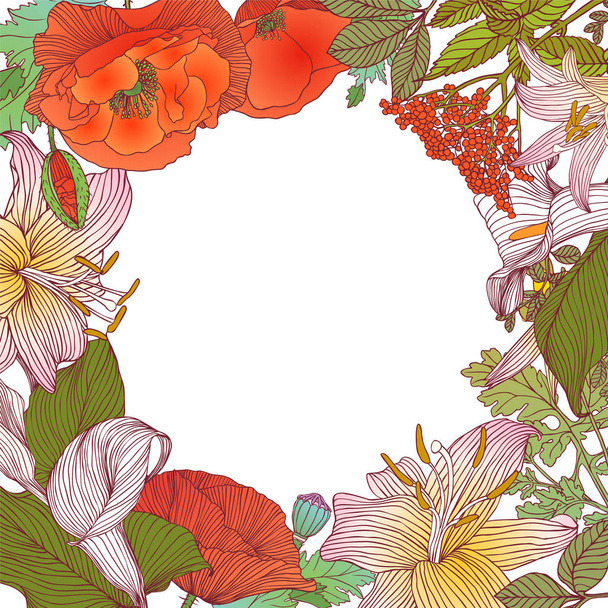 Floral frame of different flowers. Vector background - Vector, Image