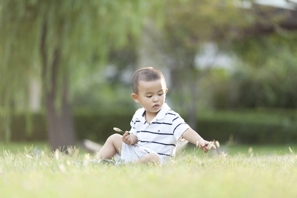 Zadowolony Chińczyk baby chłopiec siedzi na łące - Zdjęcie, obraz