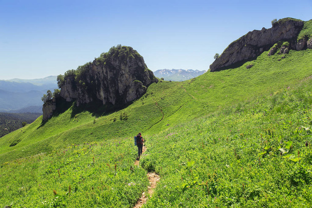Trekking. Mujer excursionista con mochila caminando por un sendero cubierto de hierba en
 - Foto, Imagen