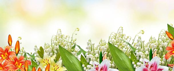Beautiful flowers lily and lily of the valley. floral background - Photo, Image