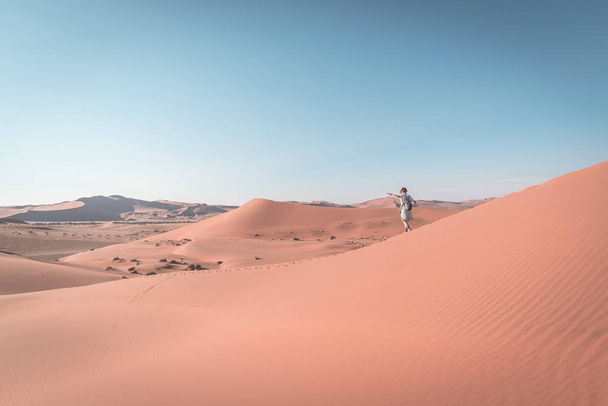 Toeristische lopen op de schilderachtige duinen van Sossusvlei, Namib Naukluft Nationaal Park, Namibië. Avontuur en exploratie in Afrika. Getinte afbeelding, vintage stijl. - Foto, afbeelding