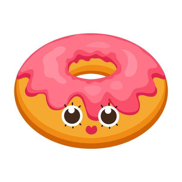 Donut im flachen Cartoon-Stil. Hintergrund Donut mit rosa Glasur Dessert Emoticon Zeichen lustiges Gesicht. Vektor-Abbildung Folge 10 für Ihr Design. - Vektor, Bild