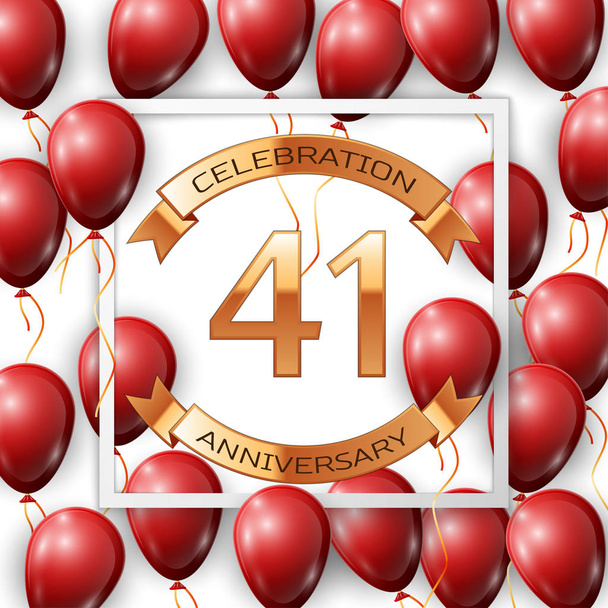 Реалистичные красные воздушные шары с лентой в центре золотого текста сорок один год празднования годовщины с лентами в белой квадратной рамке на белом фоне. Векторная иллюстрация
 - Вектор,изображение