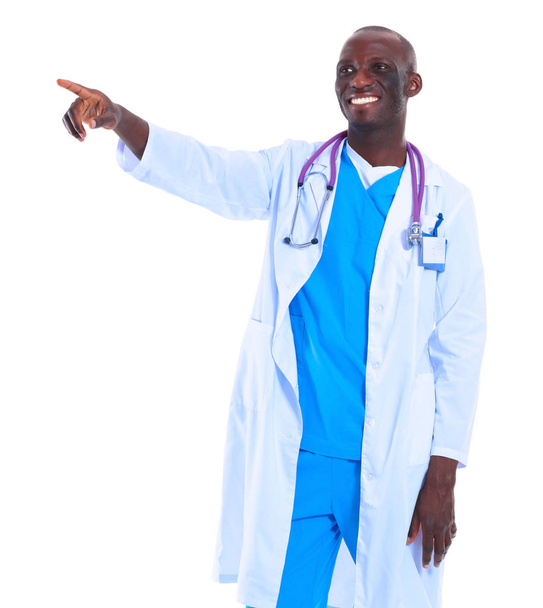 Doctor man with stethoscope point finger up - Zdjęcie, obraz