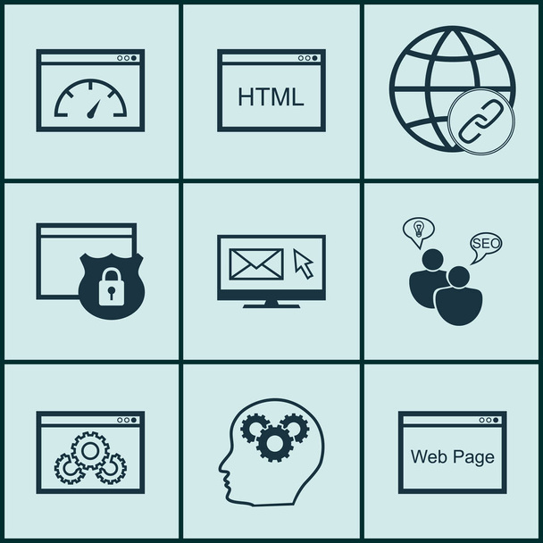 Conjunto de 9 ícones de SEO. Pode ser usado para Web, Mobile, UI e design infográfico. Inclui elementos como segurança, criatividade, código e muito mais
. - Vetor, Imagem