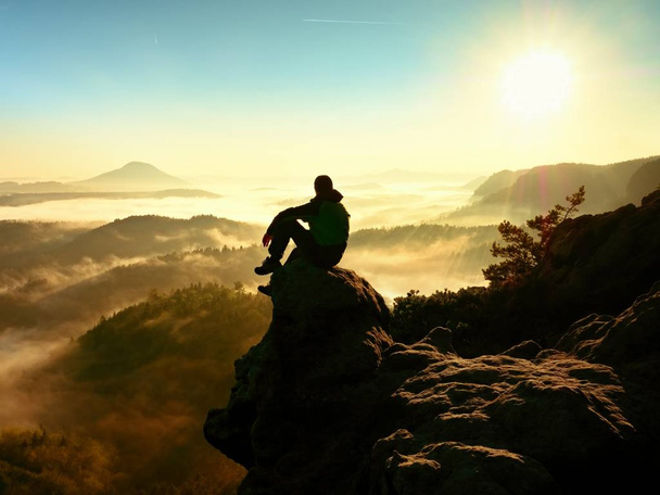 Turystyczna człowiek siedzieć na odsłoniętej skale. Punktu widzenia z heather i oddziałów - Zdjęcie, obraz