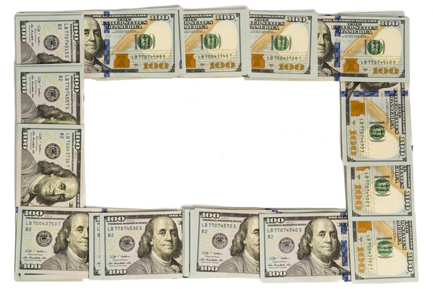 Maketa rám z stodolarových bankovek izolované na bílém s kopií prostor - Fotografie, Obrázek