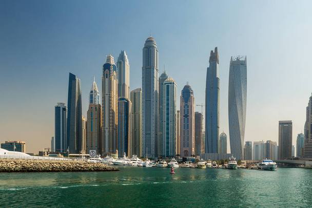 Luxury yacht and scyscrapers in center of Dubai, Unidet Arab Emi - Photo, Image