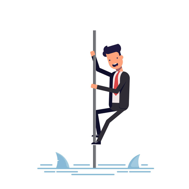 businessman or manager saved from sharks climbing the pole. Man afraid of predatory fish. Vector, illustration EPS10. - Vector, Image