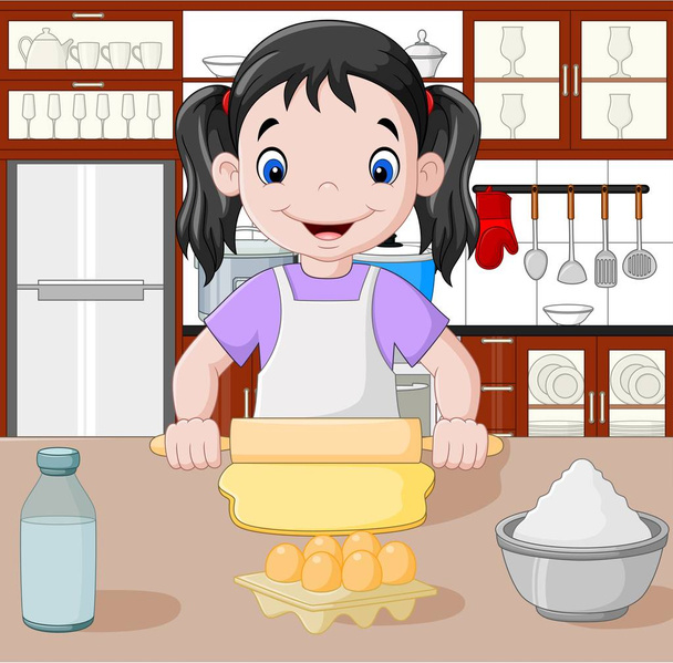 Cartone animato bambina allungando la pasta
 - Vettoriali, immagini