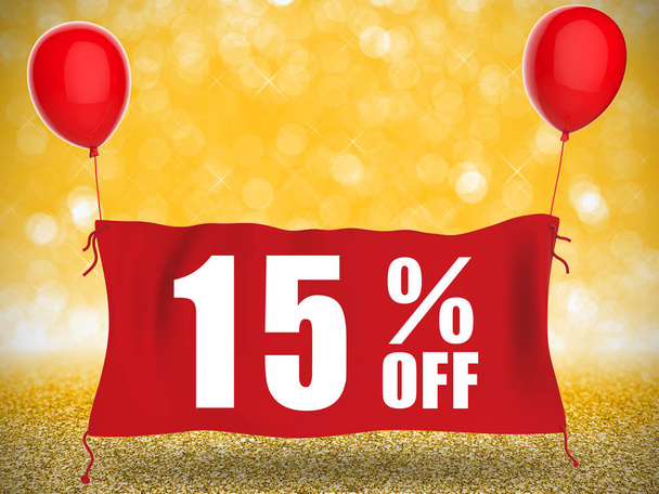 15%off banner on red cloth with red balloons - Photo, Image