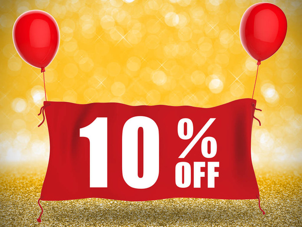 10% off banner on red cloth with red balloons
 - Фото, изображение