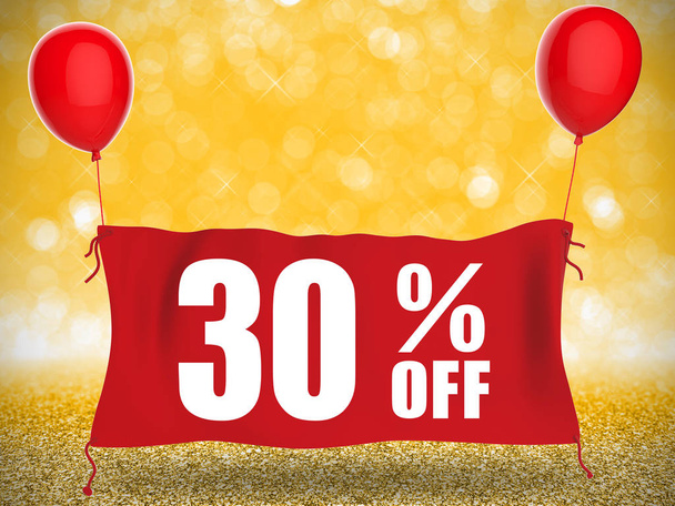 30% off banner on red cloth with red balloons - Photo, Image