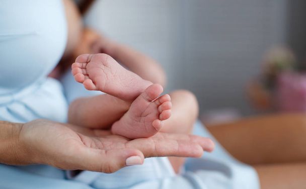 Closeup of baby feet and mother hands  - Foto, imagen