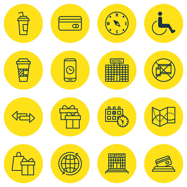 Conjunto de 16 iconos de viaje. Puede ser utilizado para el Web, móvil, interfaz de usuario y diseño infográfico. Incluye elementos como paralizado, alrededor, no y más
. - Vector, Imagen