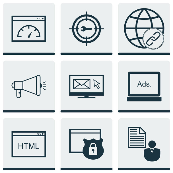 Set Of 9 Marketing Icons. Can Be Used For Web, Mobile, UI And Infographic Design. Includes Elements Such As Link, HTML, Advertising And More. - Vector, Imagen