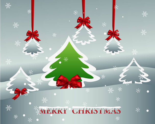 Weihnachtskarte mit hängender roter Schleife und Baum - Vektor, Bild