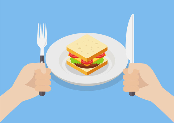 Cuchillos y tenedores en las manos con sándwich
 - Vector, Imagen