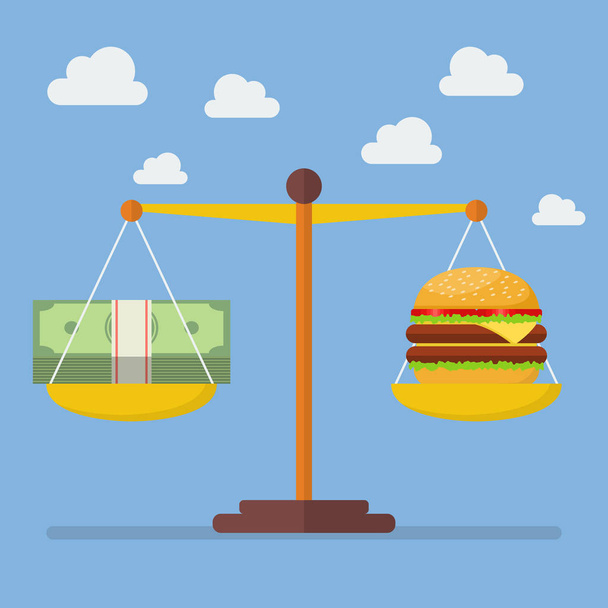 Money and Burger balance on the scale - Vector, Image