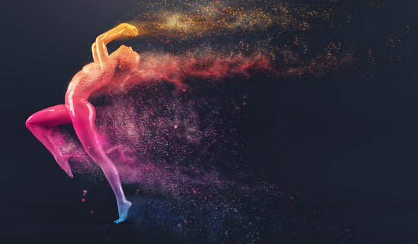Maniquí de cuerpo humano de plástico colorido abstracto con partículas dispersantes sobre fondo negro. Acción correr y saltar pose
 - Foto, imagen
