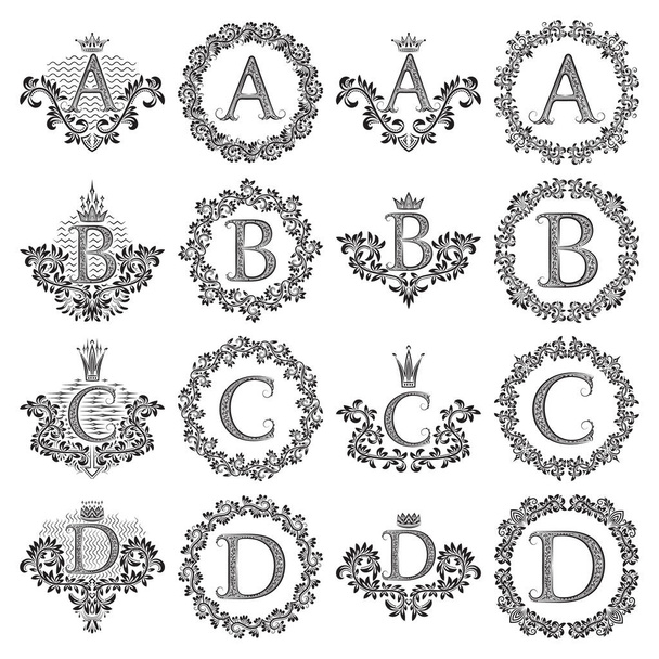 Vintage Monogrammenei reeks letters A, B, C, D. heraldische jassen van wapens, symbolen in floral ronde en vierkante kaders. - Vector, afbeelding