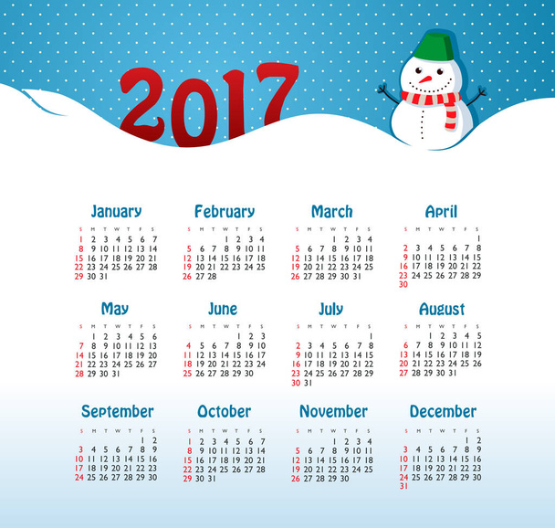 Vector kalender 2017 jaar. Week begint zondag - Vector, afbeelding