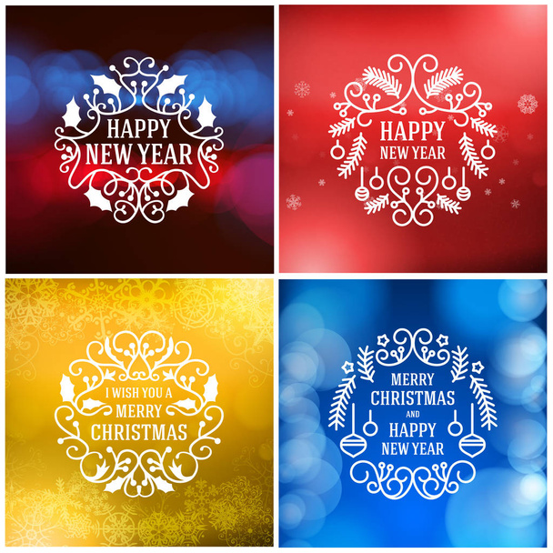 Zestaw Wesołych Świąt i szczęśliwego nowego roku ozdobny odznaki dla pozdrowienia karty lub zaproszenia. Ilustracja wektorowa. Kolorowe tło z płatki śniegu i światła - Wektor, obraz