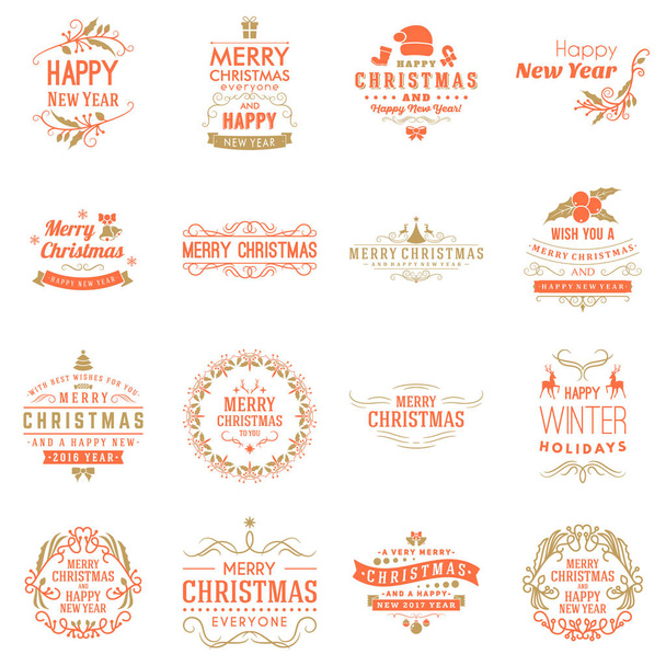 Készlet-boldog karácsonyt és boldog új évet dekoratív jelvények-Üdvözlet kártyákat vagy meghívók. Vektoros illusztráció. Nyomdai Design elemek. Piros és arany színű téma - Vektor, kép