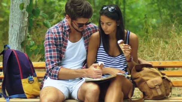 Close up of young couple planning their journey, while sitting on the bench. - Footage, Video