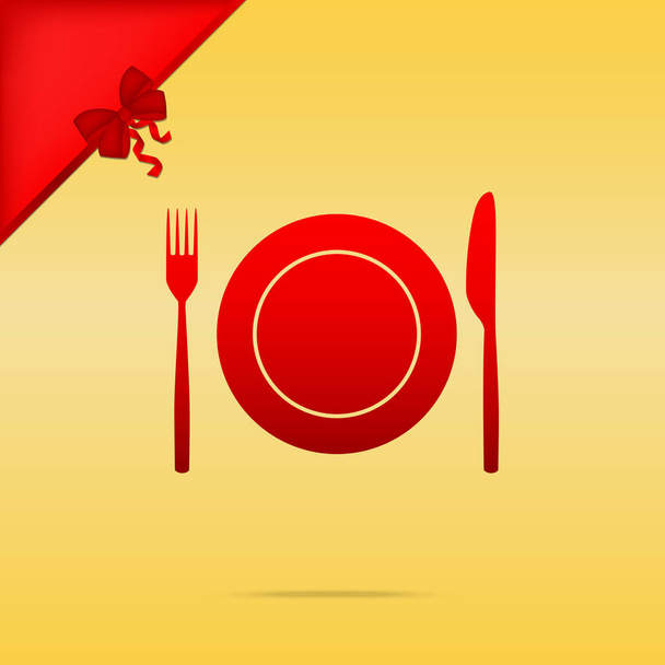 Gabel, Klebeband und Messerschild. Cristmas Design rotes Symbol auf goldener Rückseite - Vektor, Bild