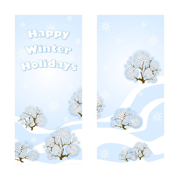 Deux bannières de salutation vectorielles pour les vacances d'hiver. Beau paysage forestier. Délicat fond bleu, dérives de neige, dentelle d'arbres enneigés et inscription d'accueil
. - Vecteur, image