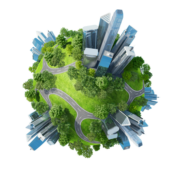 Mini Planeta Conceptual parques verdes junto con rascacielos y carreteras
 - Foto, imagen