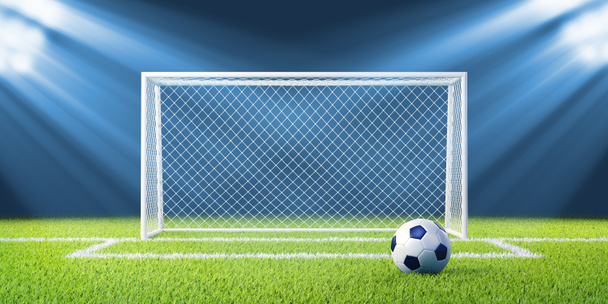 Voetbal (soccer) doelstellingen en bal op schoon leeg groen veld - Foto, afbeelding