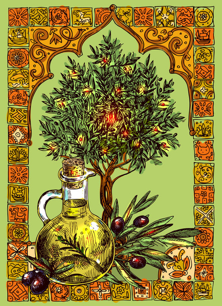 оливковое масло и оливки - Вектор,изображение
