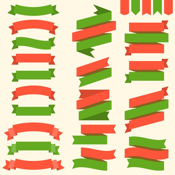 Ribbons and flags in Christmas theme, green and red, for headline, banner, tag, flat design - Vector, Image