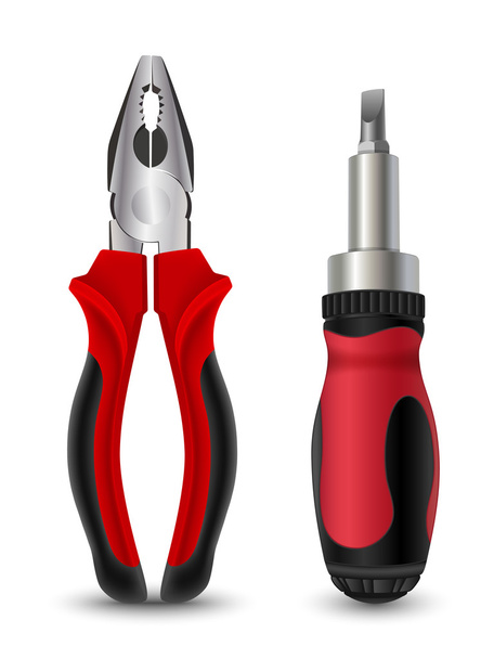 Pliers and screwdriver on white background. Professional tools. - Vector, Image