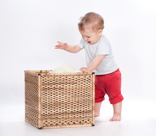 baby boy playing with fluffy toy in basket on white - Photo, Image