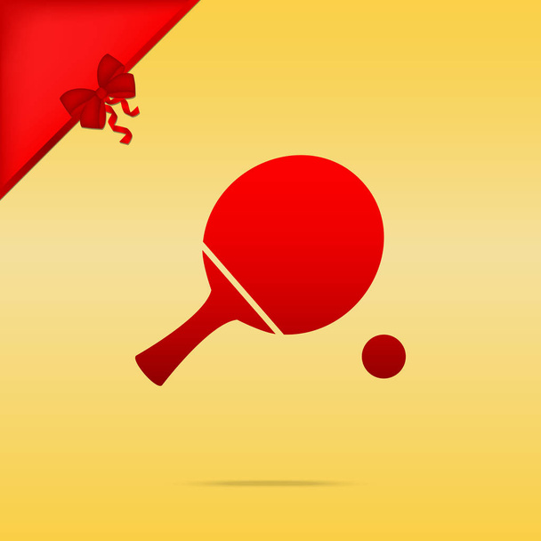 Ping pong paddle met bal. CRISTMAS ontwerpen rode pictogram op goud bac - Vector, afbeelding
