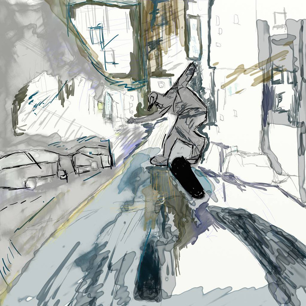 aquarel illustratie van skateboarder rijden op straat - Foto, afbeelding