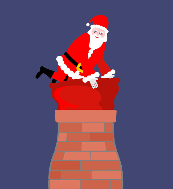 Weihnachtsmann im Schornstein. Weihnachtsmanntasche im Kamin stecken geblieben. großer roter Sack - Vektor, Bild