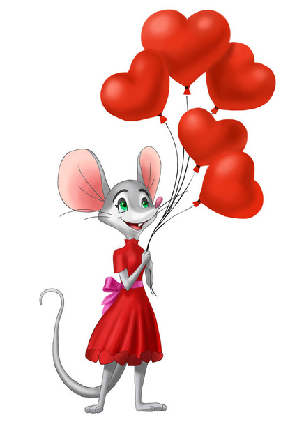Mouse girl with a balloons in a red dress,  Valentine`s day - Zdjęcie, obraz