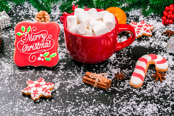 Christmas cookies and cup with marshmallows - Photo, image