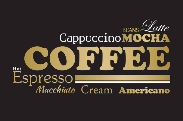 Goud en zwarte koffie wordcloud - Vector, afbeelding